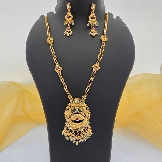 Royal Copper Temple Pendant Necklace with Pearl Danglers for Women