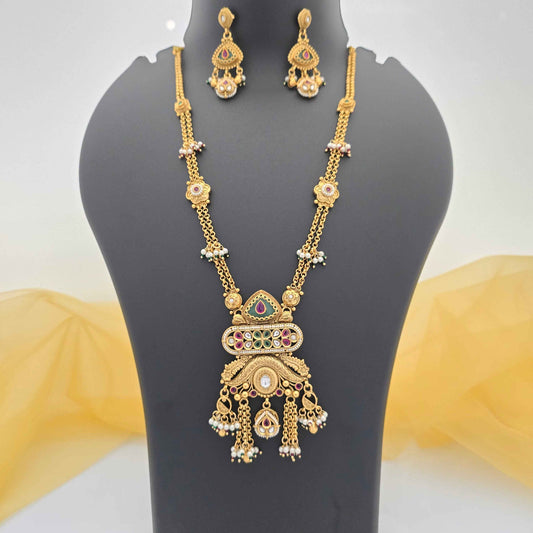 Traditional Copper Pendant Necklace with Pearl Danglers & Kundan Stones for Women