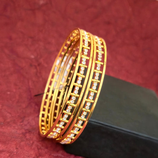 Gold Plated American Diamond Bangles Set for Women | Elegant Stone Line AD Bangles