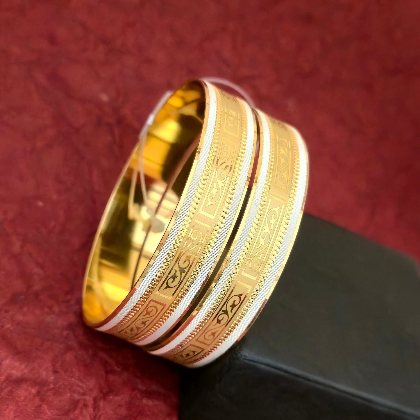 Gold & Silver Dual Tone CNC Cut Bangles Set for Women | Engraved Strip Designer Bangles