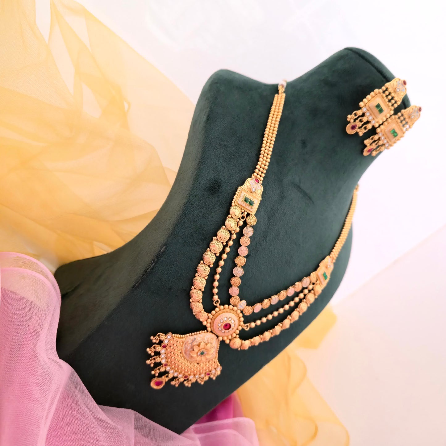 Rajwadi Polish Copper Long Necklace Set for Women | Traditional Bridal Long Haar with Earrings