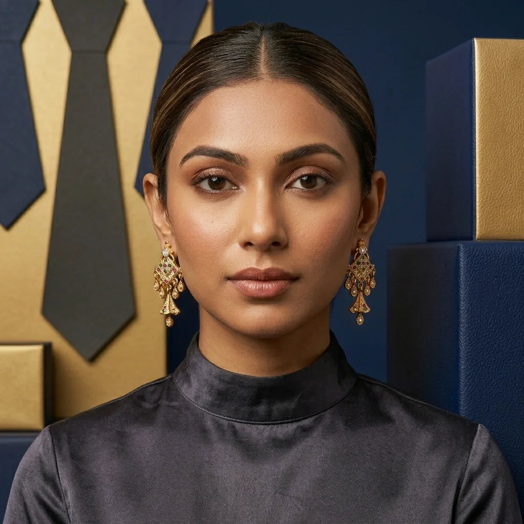 AD zirconia designer earrings, ethnic dangle earrings, traditional gold earrings, festive earrings for women, multicolor stone earrings, water resistant earrings, imitation jewellery