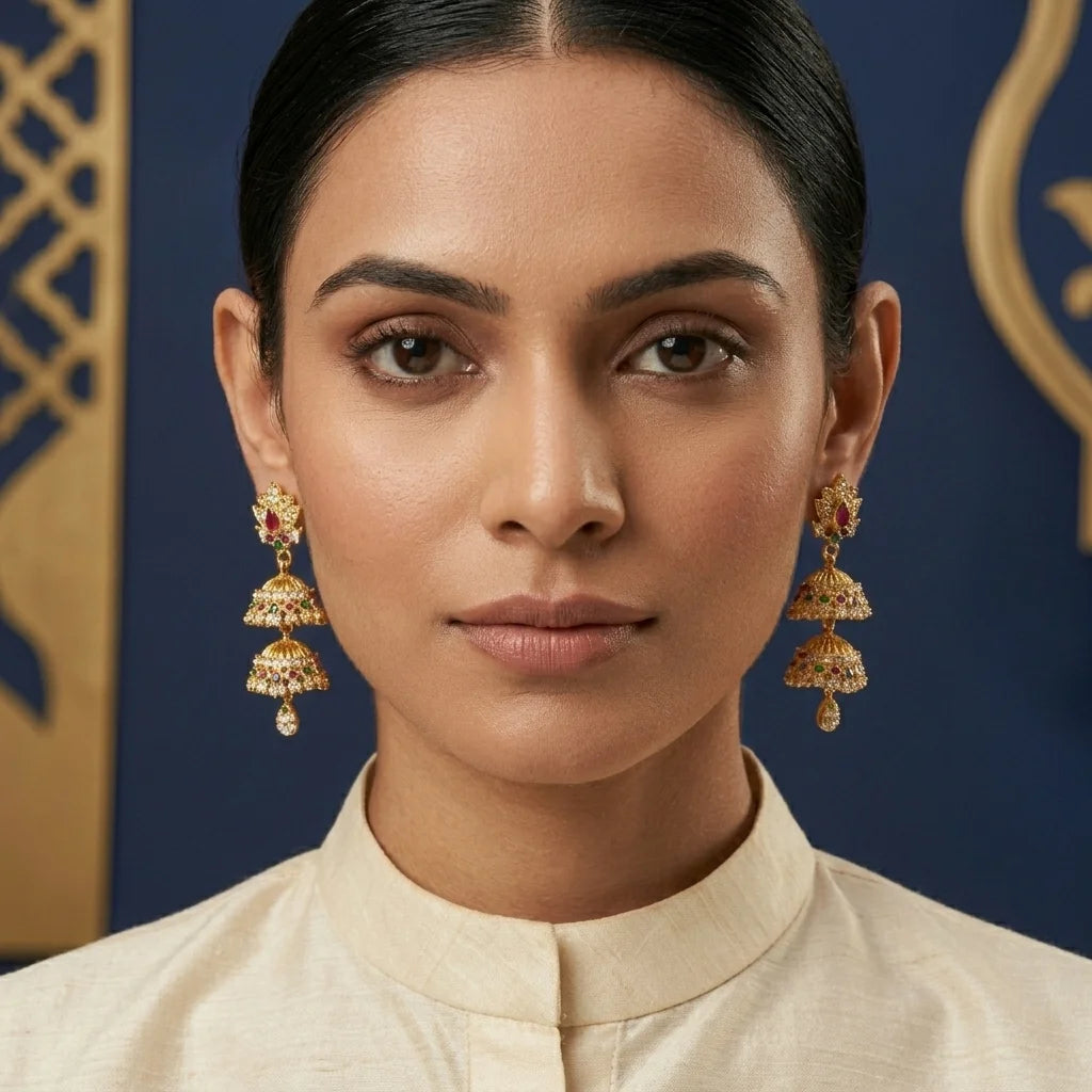 AD zirconia double layer jhumka earrings, traditional gold jhumki, ethnic bridal earrings, festive earrings for women, screw back earrings, water resistant earrings, imitation jewellery
