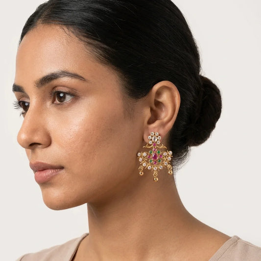 AD zirconia chandbali earrings, traditional gold earrings, bridal ethnic earrings, festive chandbali earrings, ruby green stone earrings, water resistant earrings, imitation jewellery for women