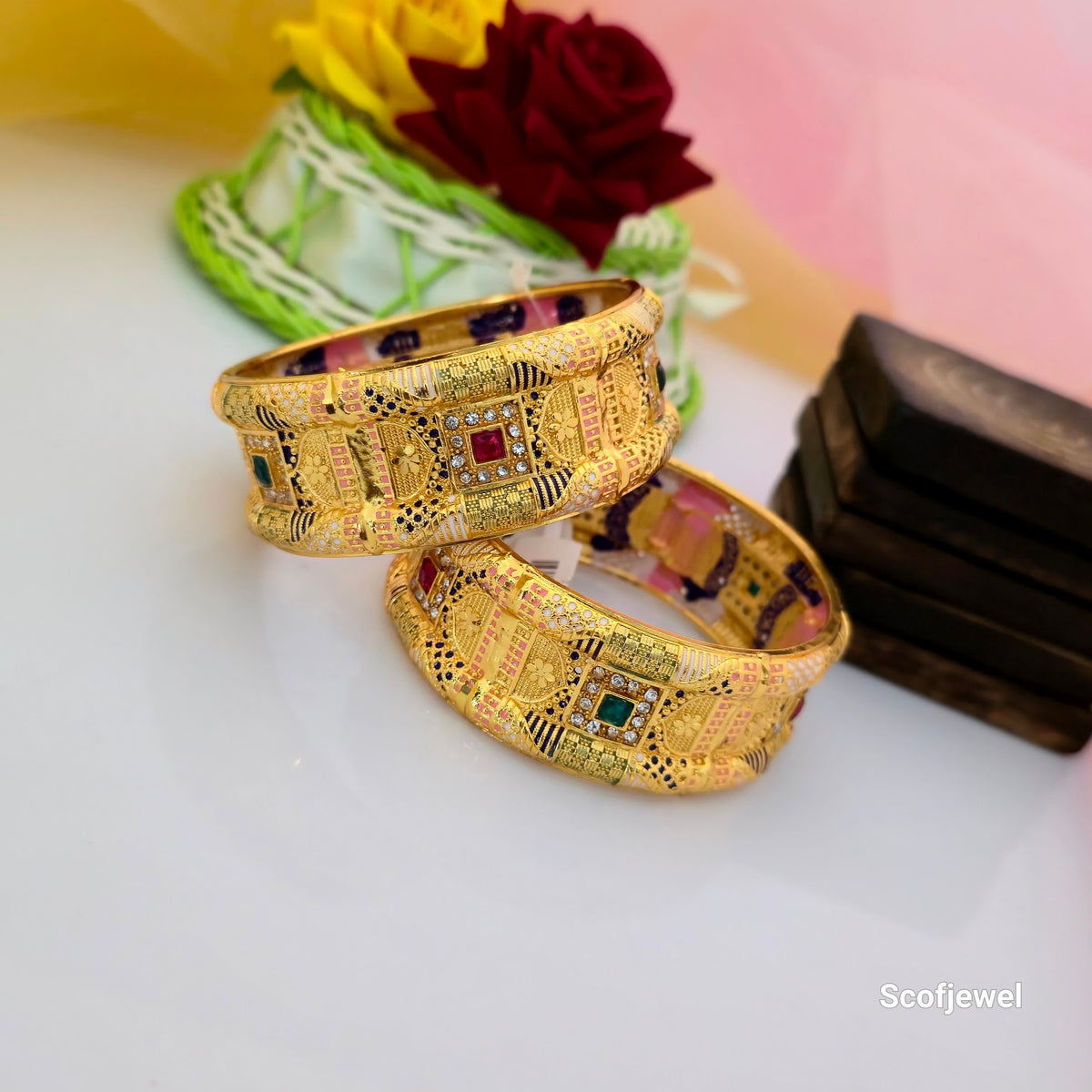 Gold-Tone Designer Kundan Bangles with Multicolour Detailing | Traditional Bangles for Women