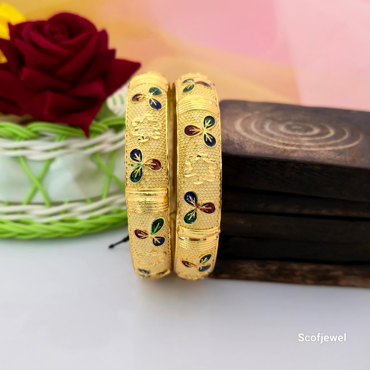 Traditional Gold-Tone Designer Bangles with Multicolour Floral Enamel Work | Pair of Bangles for Women
