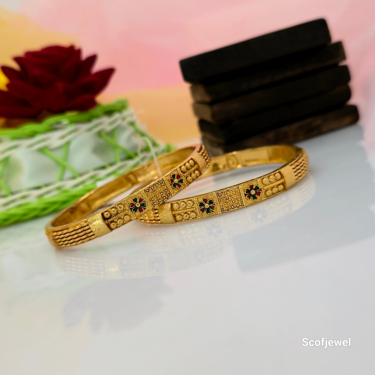 Traditional Gold-Tone Designer Bangles with Multicolour Floral Enamel Work for Women