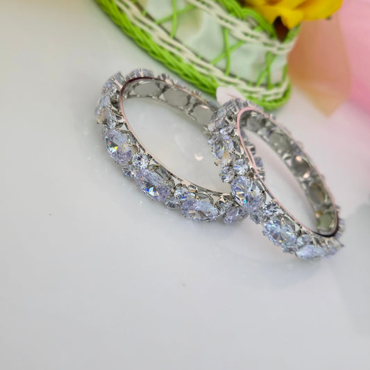 AD Oval Stone Two Row Bangles for Women | American Diamond Designer Bangles | Silver Finish CZ Bangles