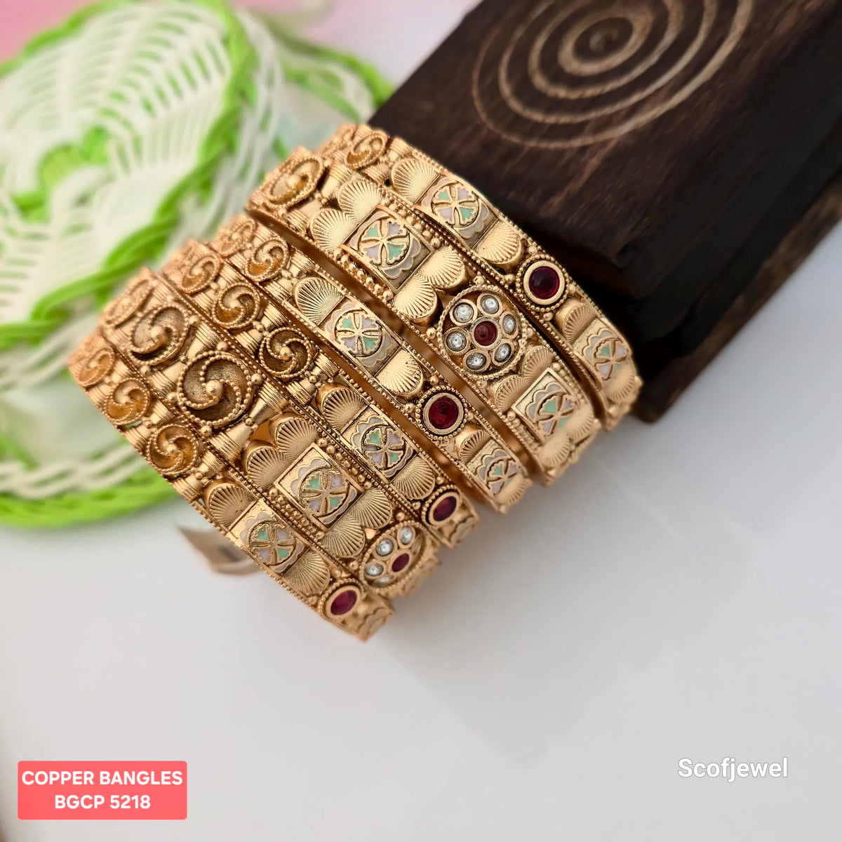 Copper Bangles with Antique Gold Finish and Multicolour Stone Detailing | Traditional Designer Bangles for Women