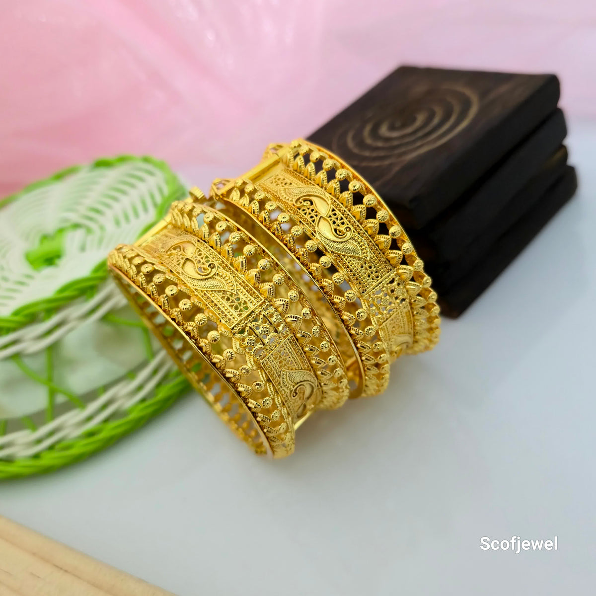 Gold Plated Openable Bangles with Traditional Paisley Engraving | Designer Bangles for Women