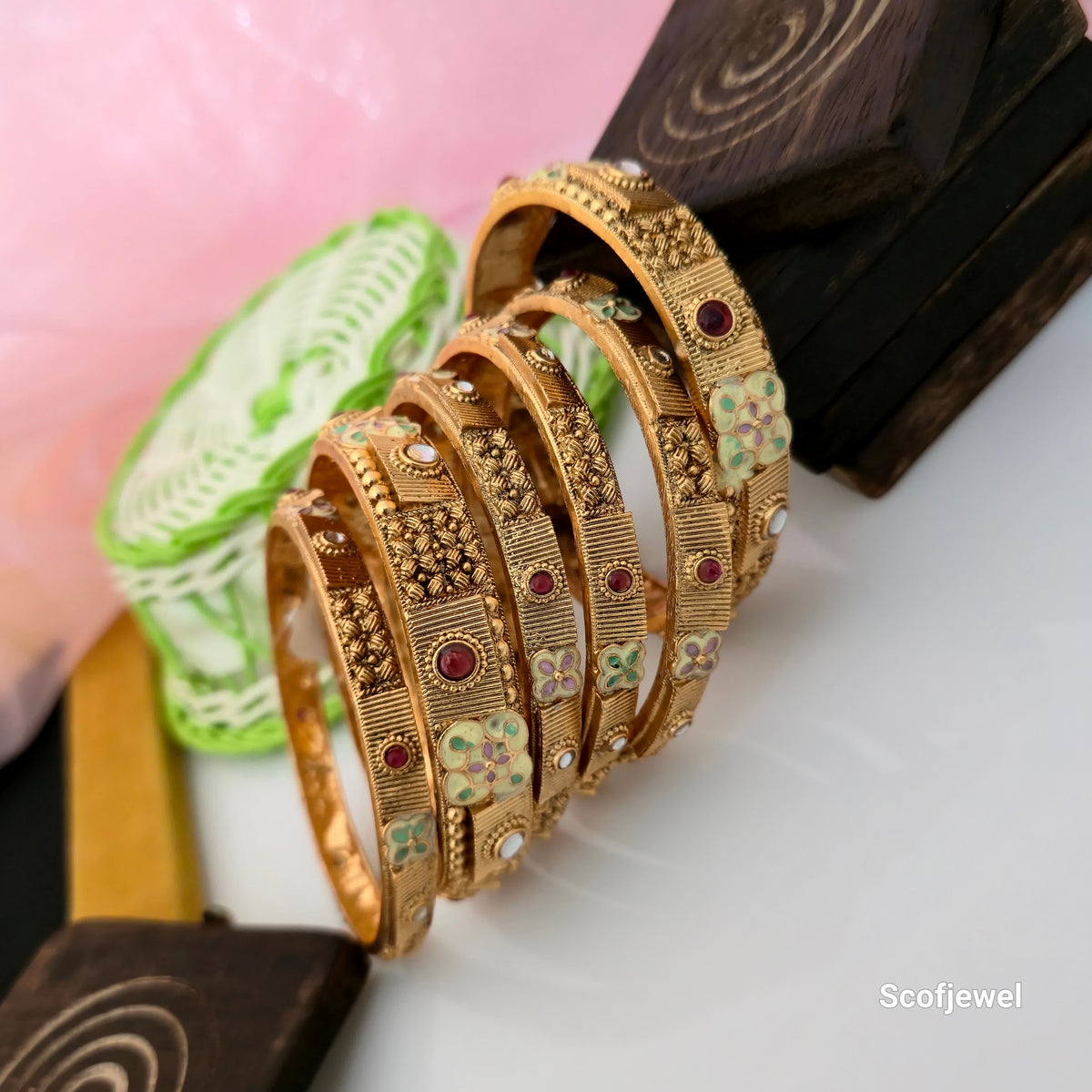 Rajwadi Polish Antique Gold Bangles with Maroon and Pastel Floral Detailing | Traditional Designer Bangles for Women