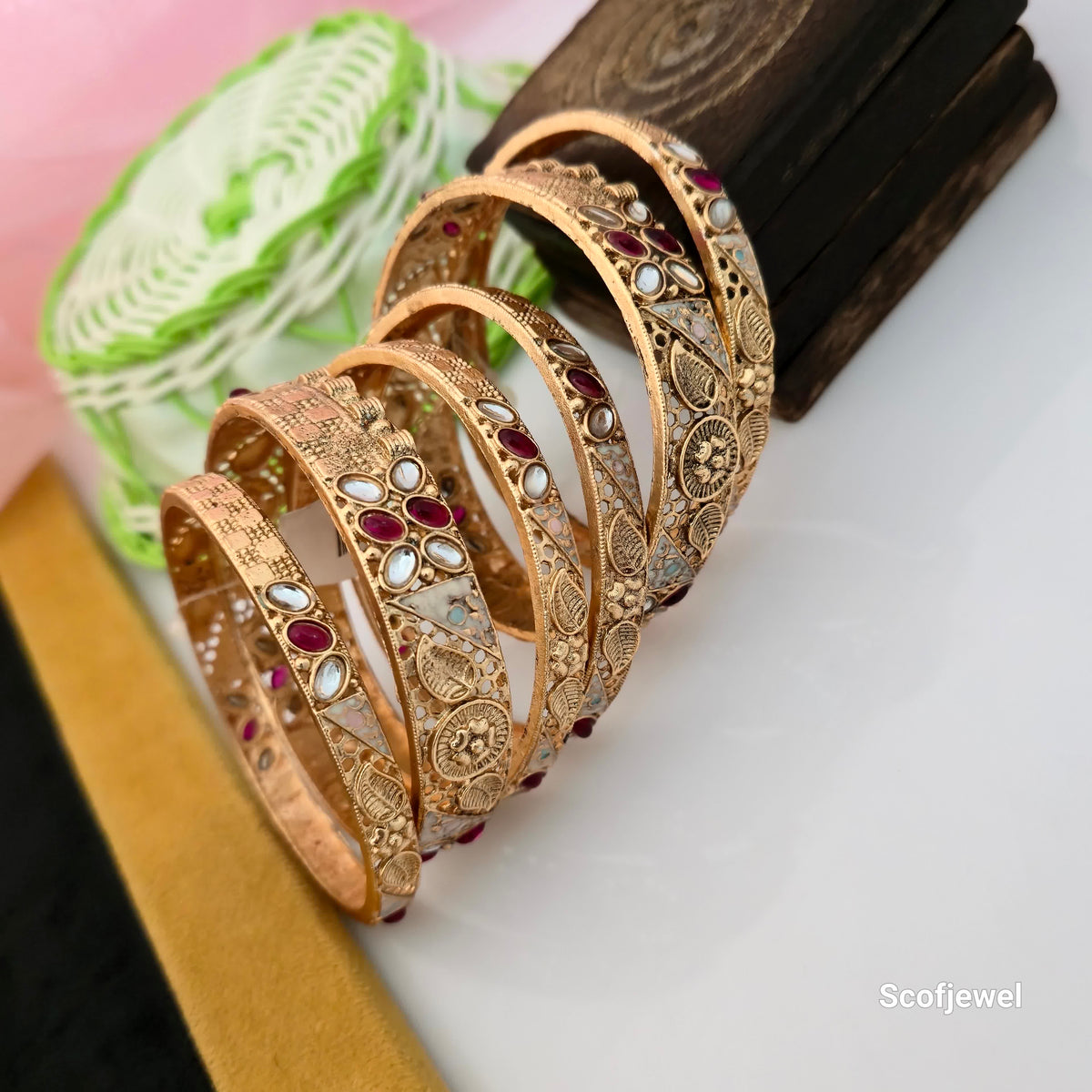 Rajwadi Polish Antique Gold Bangles with Red and White Stone Detailing | Traditional Designer Bangles for Women