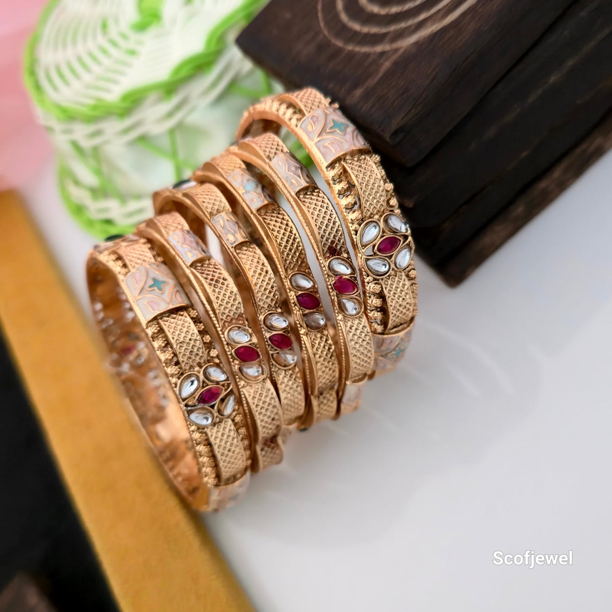 Rajwadi Polish Bangles Set with Red and White Stone Detailing | Traditional Designer Bangles for Women