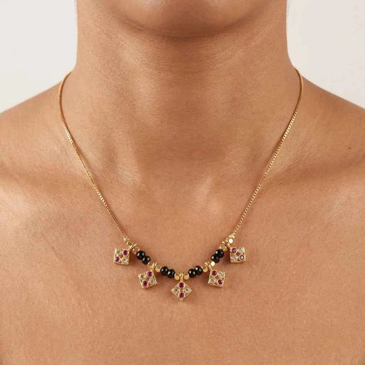 Black Bead Charm Dokia Necklace for Women | Minimal Gold Finish Designer Necklace