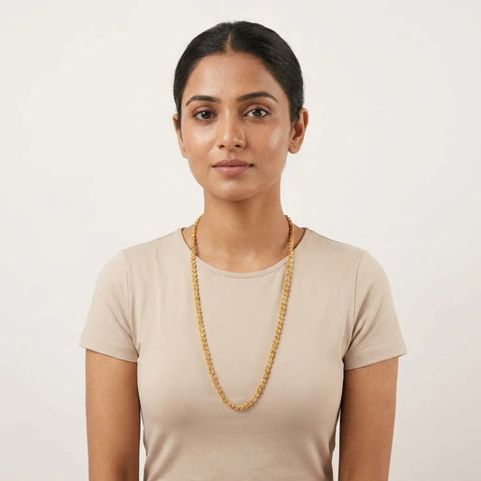 minimal MOP chain, simple gold polish necklace, elegant long chain for women, traditional daily wear jewellery, lightweight ethnic necklace, water resistant gold chain, artificial long necklace