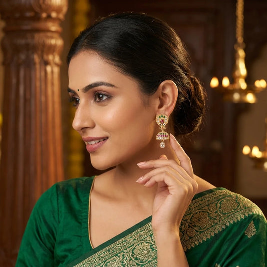 designer mini jhumka earrings, AD stone earrings, screw back earrings, traditional gold earrings, festive jewellery for women, zirconia jhumka earrings, ethnic party wear earrings