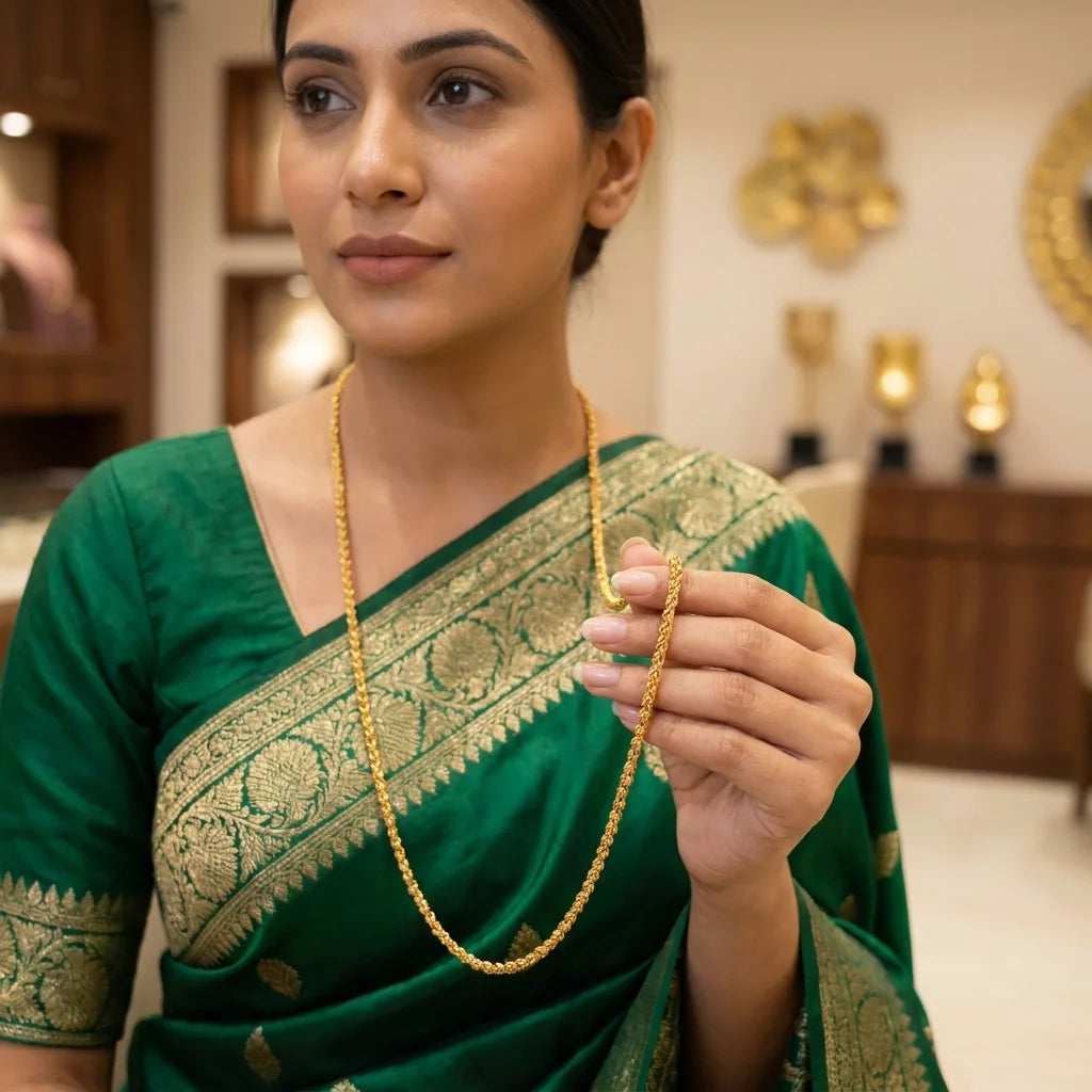 beaded MOP chain, elegant gold polish necklace, traditional long chain for women, lightweight ethnic jewellery, water resistant gold necklace, artificial long chain, daily wear jewellery