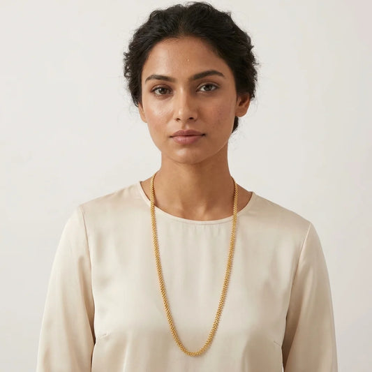 minimal MOP chain, sleek gold polish necklace, elegant long chain for women, traditional daily wear jewellery, lightweight ethnic necklace, water resistant chain, artificial gold necklace