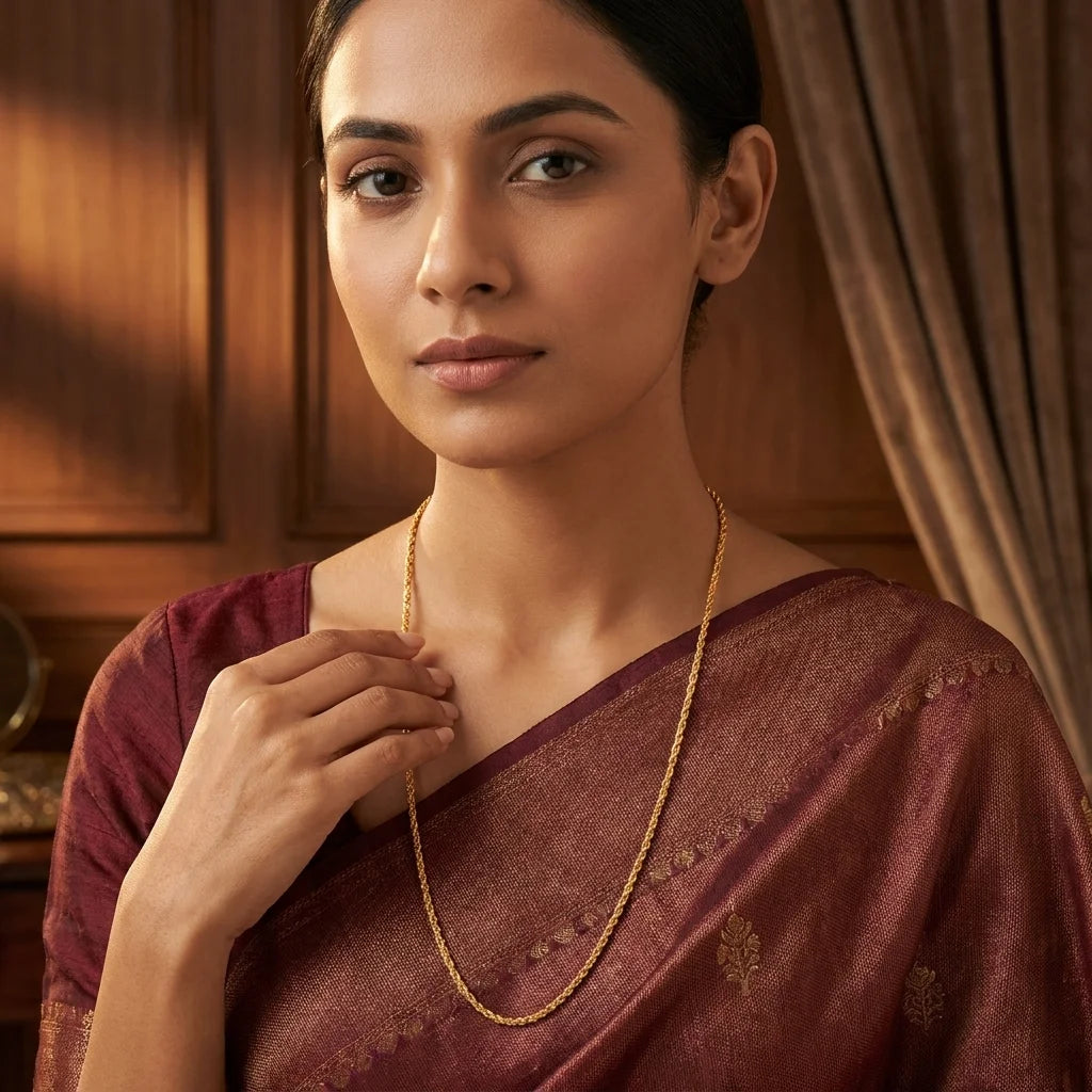 twisted MOP chain, rope style gold necklace, elegant long chain for women, lightweight traditional jewellery, water resistant gold polish chain, minimal ethnic necklace, artificial long necklace