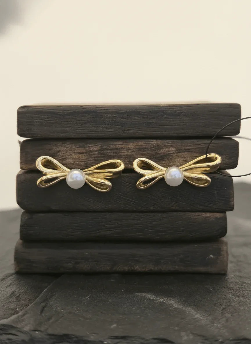 Gold-Plated-Pearl-Bow-Earrings - Saubhagya Collection