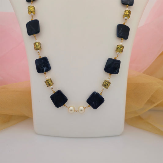 Black Square Bead Necklace Mala for Women | Golden Bead Long Necklace