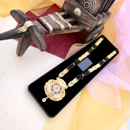 Designer Gold Plated Mangalsutra with Antique Circular Pendant & Black Bead Chain | Traditional Bridal Jewellery