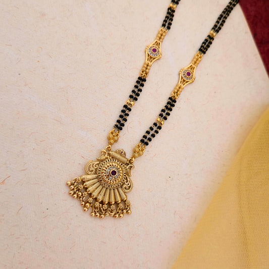Antique Gold Plated Peacock Design Mangalsutra with Black Double Bead Chain & Stone Detailing | Traditional Pendant