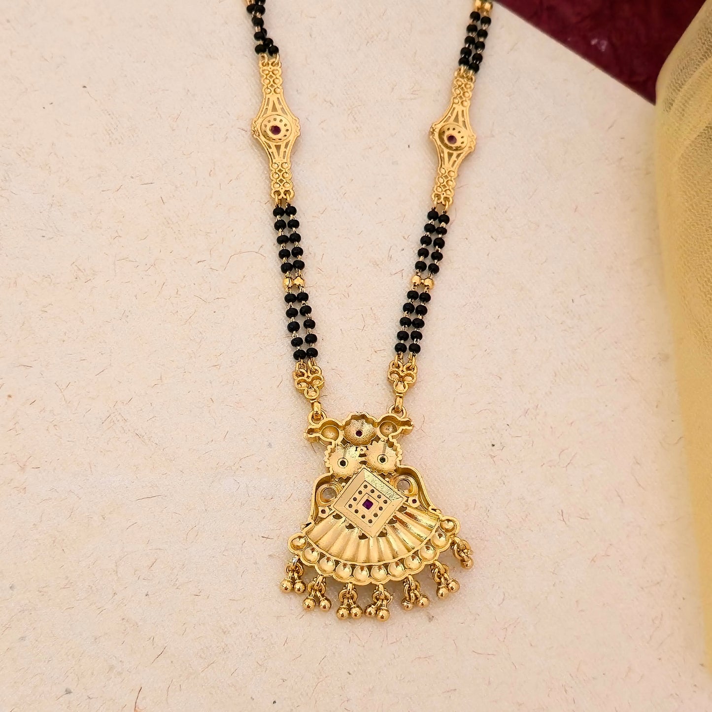 Antique Gold Plated Square Stone Mangalsutra with Black Double Bead Chain | Traditional Designer Pendant