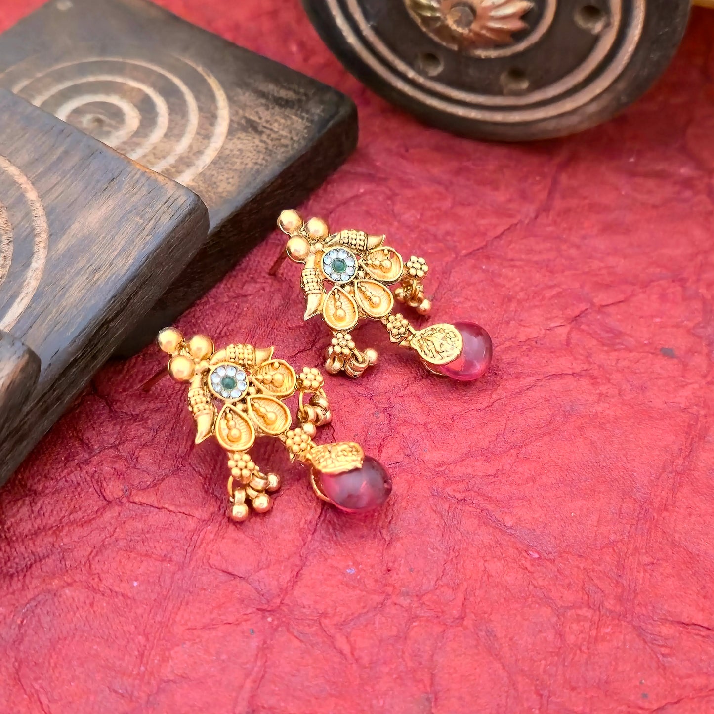 Antique Gold Plated Floral Temple Mangalsutra Set with Ruby Drops & Multicolor Stones | Designer Black Bead Chain