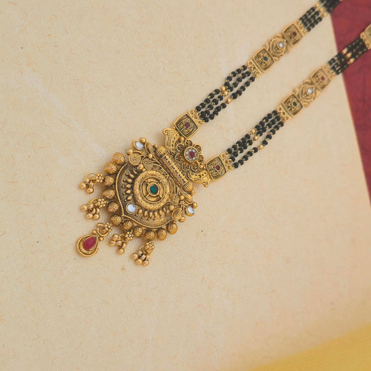 Designer Gold Plated Mangalsutra Set with Antique Floral Pendant & Multicolor Stone Detailing | Black Bead Traditional Jewellery