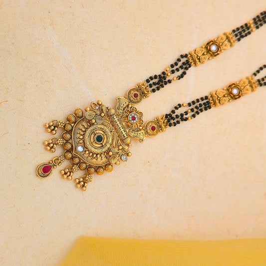 Antique Gold Plated Mangalsutra Set with Temple Pendant & Multicolor Stone Work | Black Bead Traditional Jewellery
