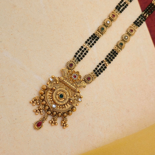 Antique Gold Plated Temple Mangalsutra Set with Multicolor Stones & Dual Black Bead Chain | Traditional Jewellery