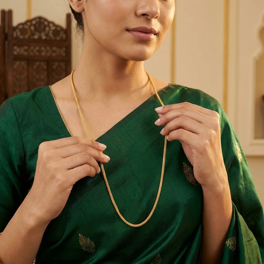 minimal MOP chain, elegant gold polish necklace, lightweight long chain for women, traditional daily wear jewellery, simple gold necklace, water resistant imitation jewellery
