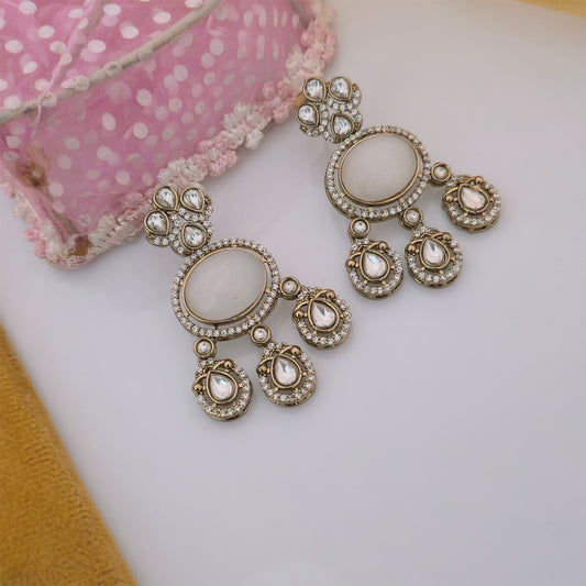 Moissanite Kundan Long Necklace Set with Matching Earrings | White Stone Gold-Tone Designer Jewellery for Women