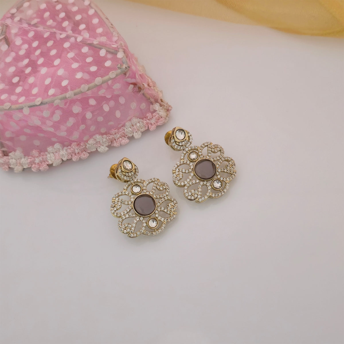Moissanite Kundan Necklace Set with Matching Earrings | Purple Stone Floral Designer Jewellery for Women