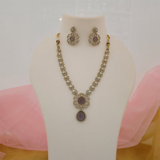 Moissanite Kundan Necklace Set with Matching Earrings | Purple Stone Floral Designer Jewellery for Women