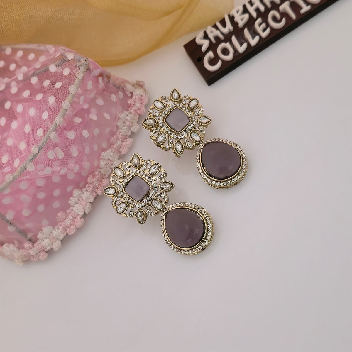 Moissanite Kundan Long Necklace Set with Matching Earrings | Purple Stone Designer Jewellery for Women