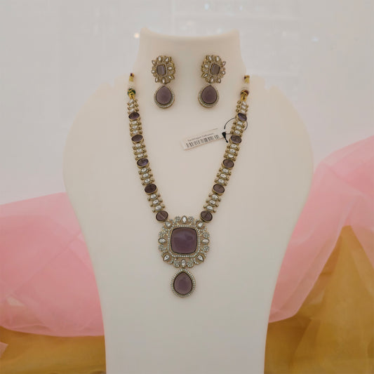 Moissanite Kundan Long Necklace Set with Matching Earrings | Purple Stone Designer Jewellery for Women