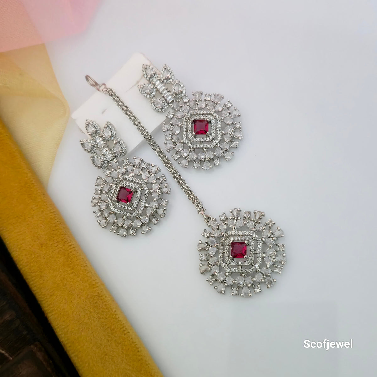 AD Ruby Pink Necklace Set with Matching Earrings | Silver Tone Designer Jewellery for Women