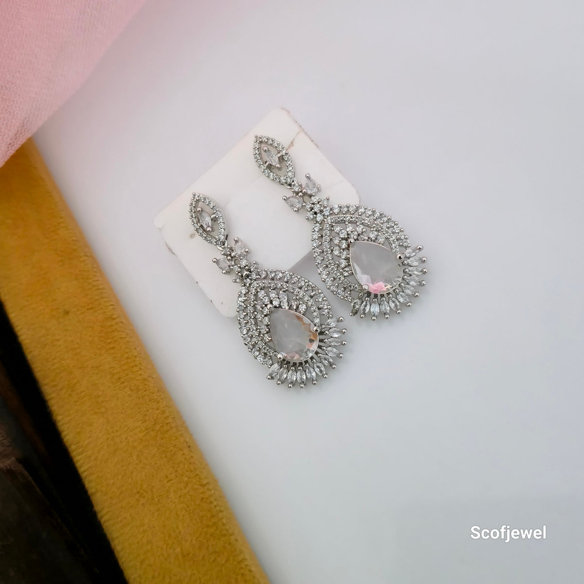 White AD Necklace Set with Teardrop Pendant and Matching Earrings | Silver-Tone Designer Jewellery for Women