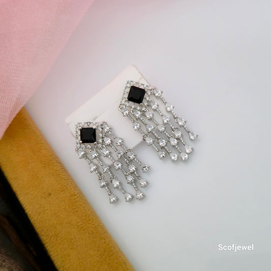 AD Silver-Tone Necklace Set with Black Square Stones and Matching Earrings | Designer Party Wear Jewellery for Women