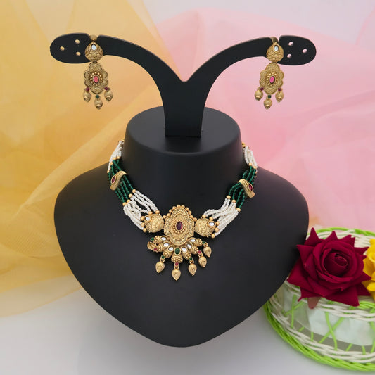 Antique Gold Tone Green Beaded Necklace Set with Maroon Stone Pendant & Matching Earrings | Traditional Ethnic Jewellery for Women