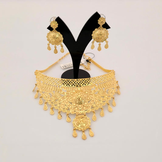 1 Gram Gold (Forming) Gold Tone Heavy Floral Antique Choker Necklace Set | Traditional Designer Necklace with Earrings for Women