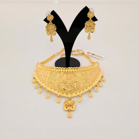 1 Gram Gold (Forming) Gold Tone Floral Antique Choker Necklace Set | Traditional Designer Necklace with Earrings for Women