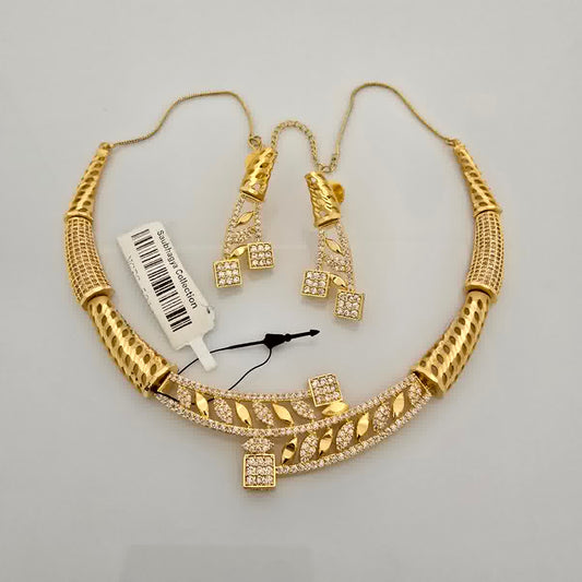 1.5 Gram Gold (Forming) Gold Tone White Stone AD/Zirconia Designer Necklace Set | Stylish Leaf Pattern Necklace with Earrings for Women