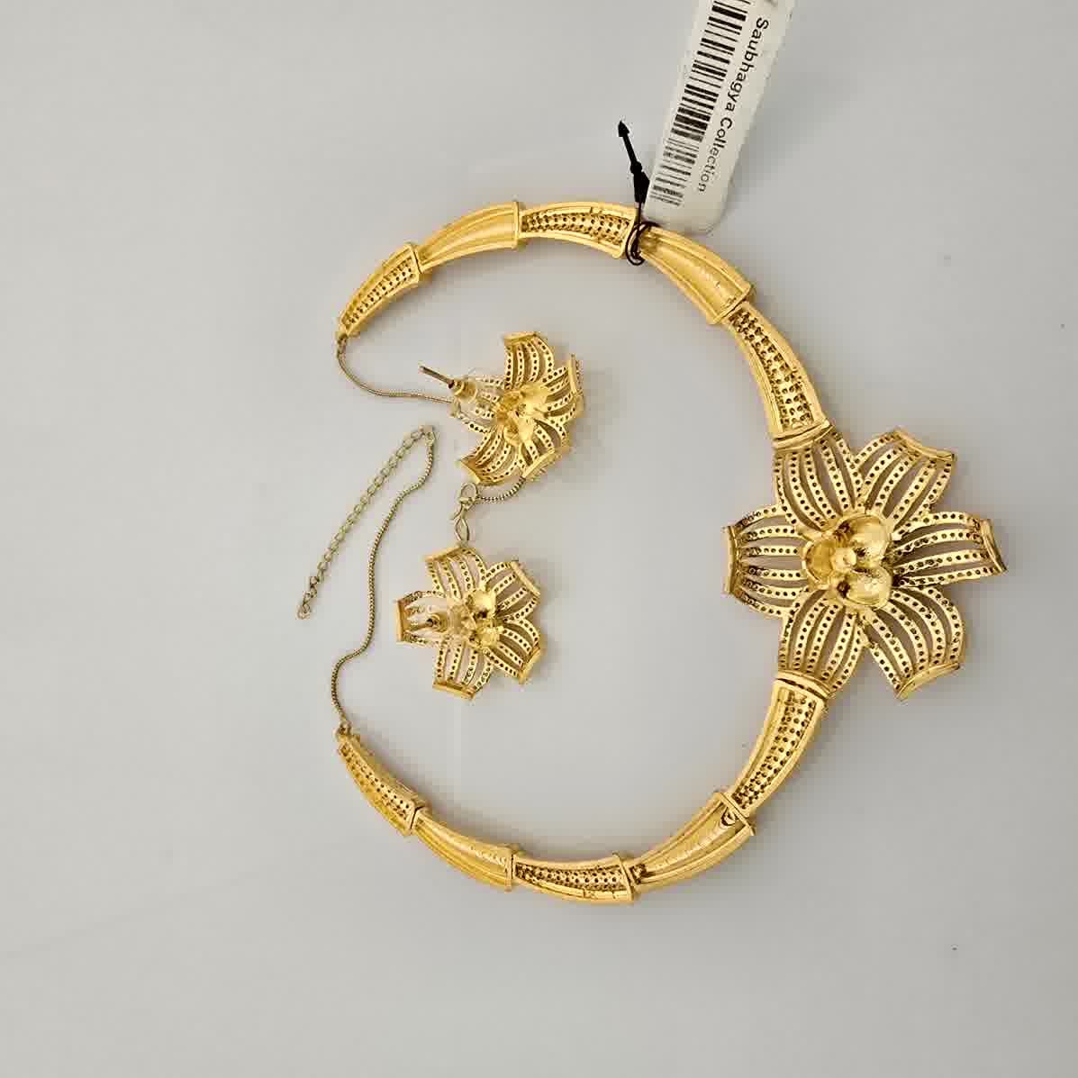 1.5 Gram Gold (Forming) Gold Tone White Stone AD/Zirconia Floral Necklace Set | Designer Flower Pendant Necklace with Earrings for Women