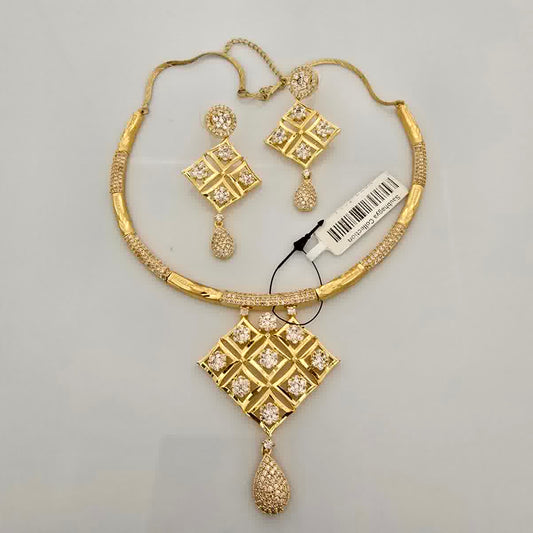 1.5 Gram Gold (Forming) Gold Tone White Stone AD/Zirconia Geometric Pendant Necklace Set | Designer Square Drop Necklace with Earrings for Women