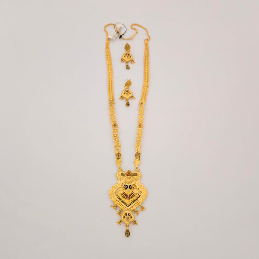 1 Gram Gold (Forming) Long Coin Peacock Temple Necklace Set with Earrings | Traditional Bridal Haram Jewellery