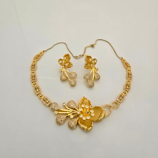 1.5 Gram Gold (Forming) Gold Tone White Stone AD/Zirconia Floral Drop Necklace Set | Designer Flower Pendant Necklace with Earrings for Women