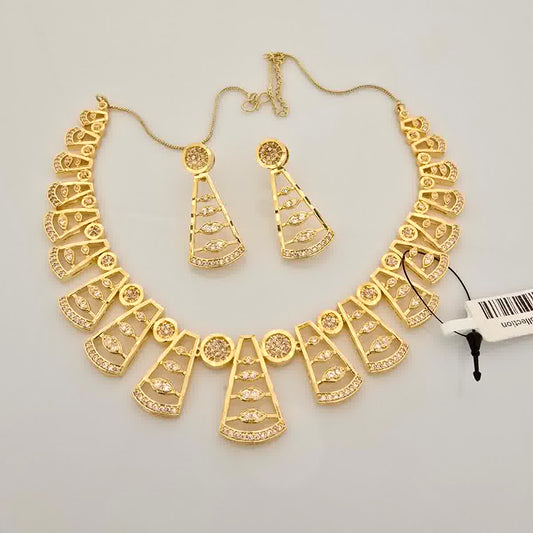 1.5 Gram Gold (Forming) Gold Tone White Stone AD/Zirconia Designer Fan Pattern Necklace Set | Elegant Drop Necklace with Earrings for Women